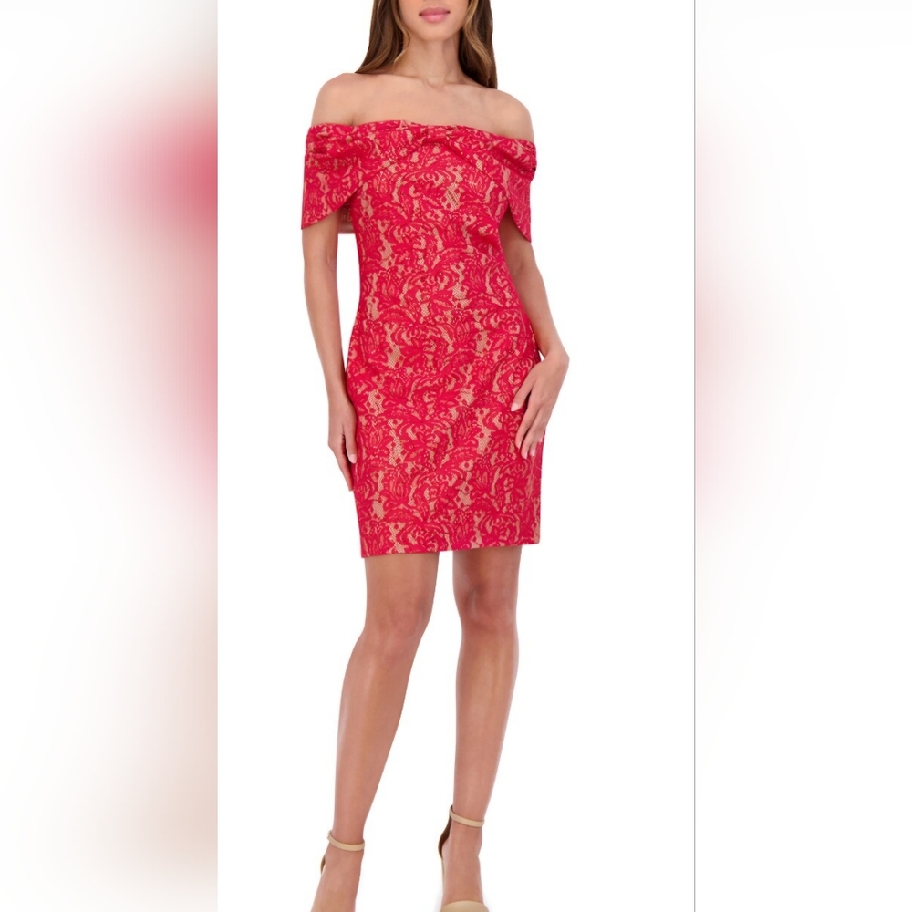 Kensie Off Shoulder Red/Nude Shimmer Dress